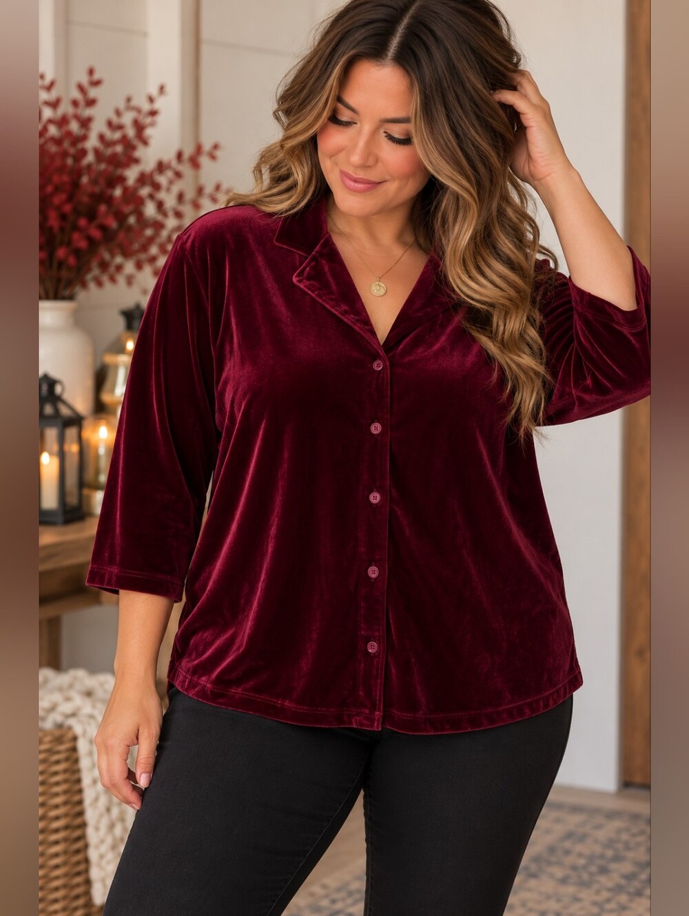 Lindor Vintage Burgundy Velvet Button Up Shirt Jacket XL